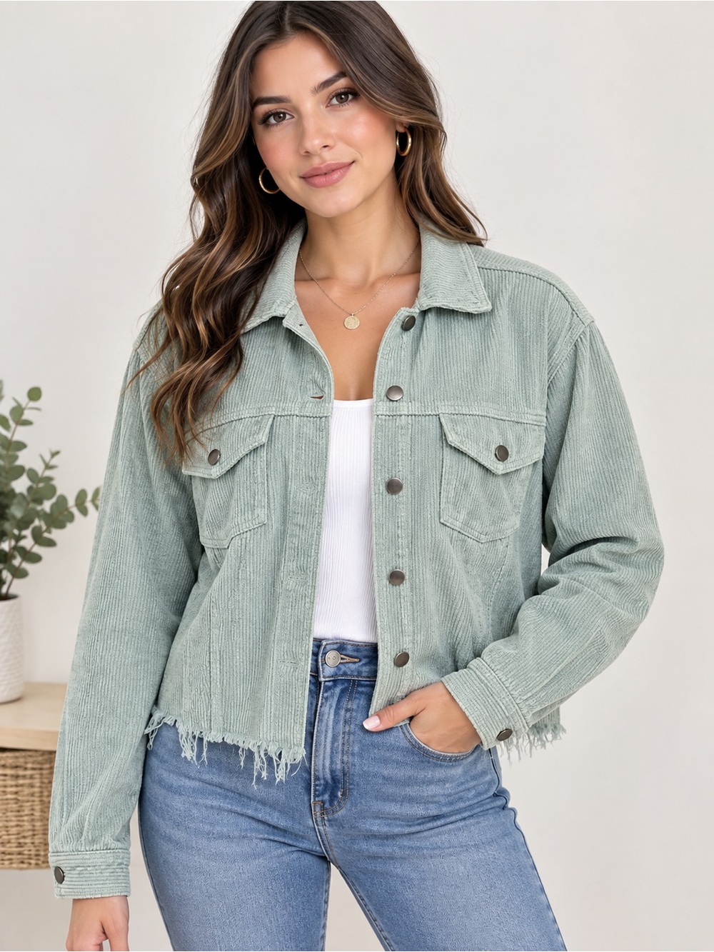 POL Sage Green Corduroy Crop Jacket Size Large